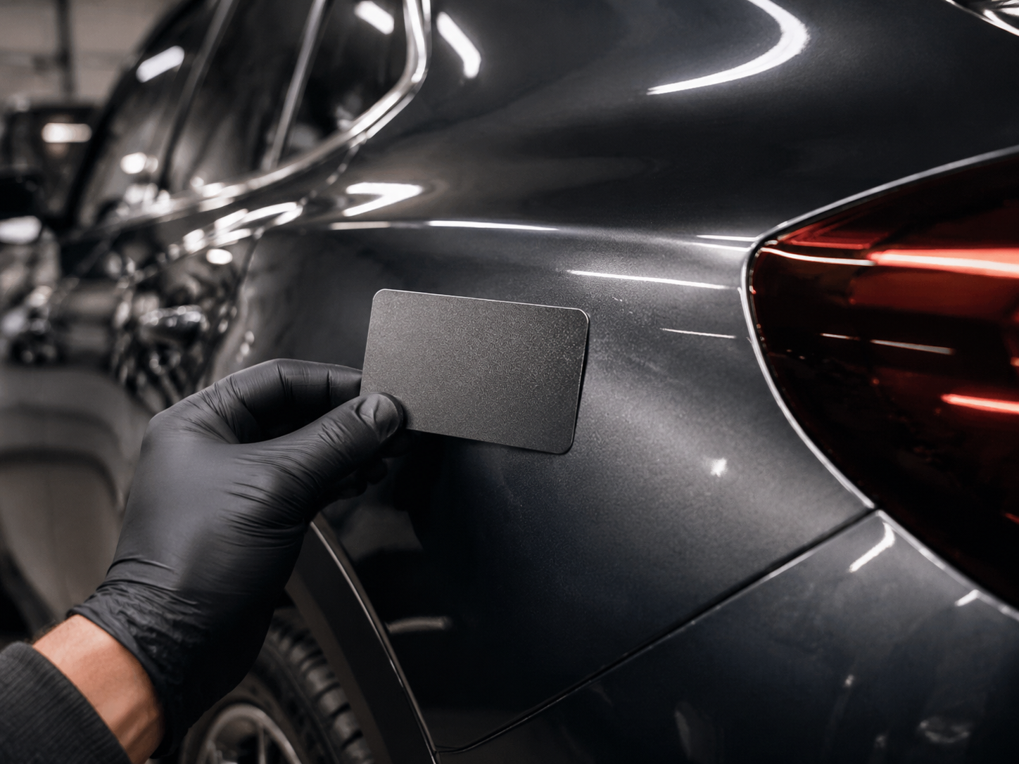 Technician matching metallic paint to a graphite vehicle panel